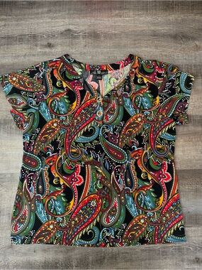 80 Park Multicolor Paisley Blouse with Texture - Black Base - Large